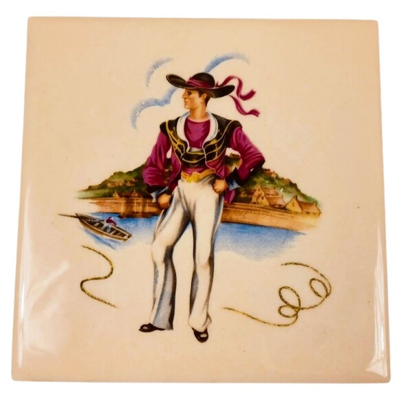 Set of Hyalyn Mid Century 6" Vintage Mosaic Tiles - French Costumes Boats Water - Picture 5 of 8